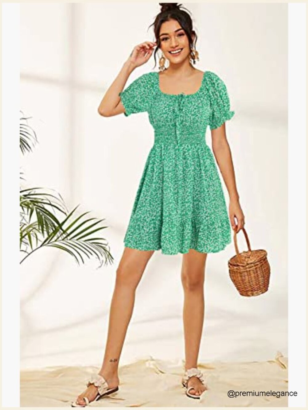 Boho Floral Smocked Square Neck Ruffle Mini Dress Summer Casual - Picture 2 of 7
